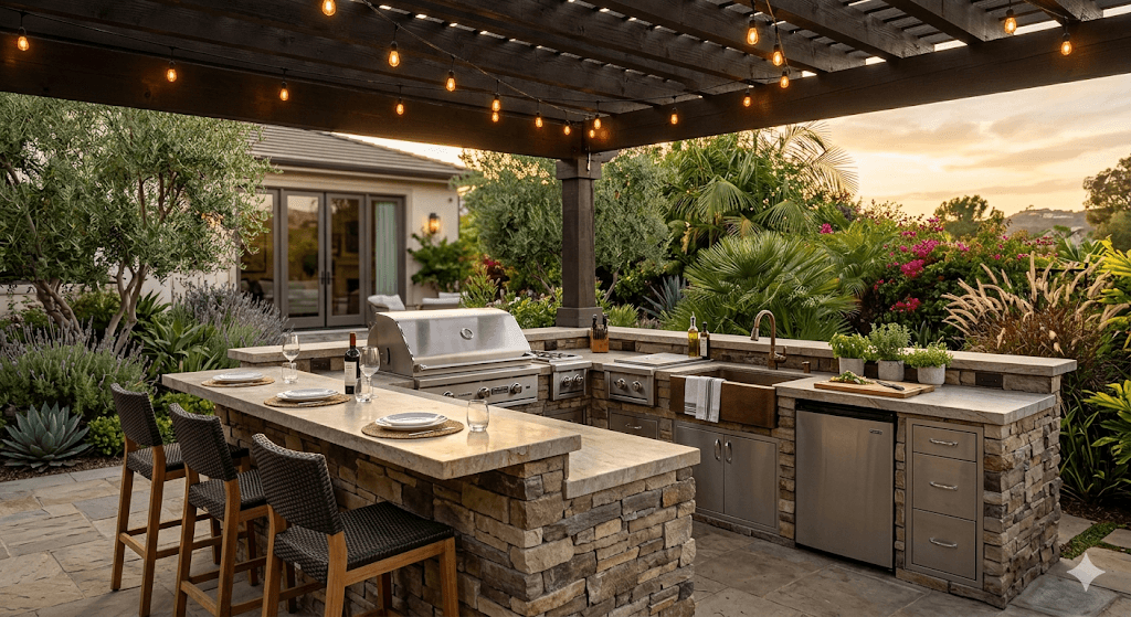 Custom outdoor kitchen with built-in BBQ grill in Los Angeles