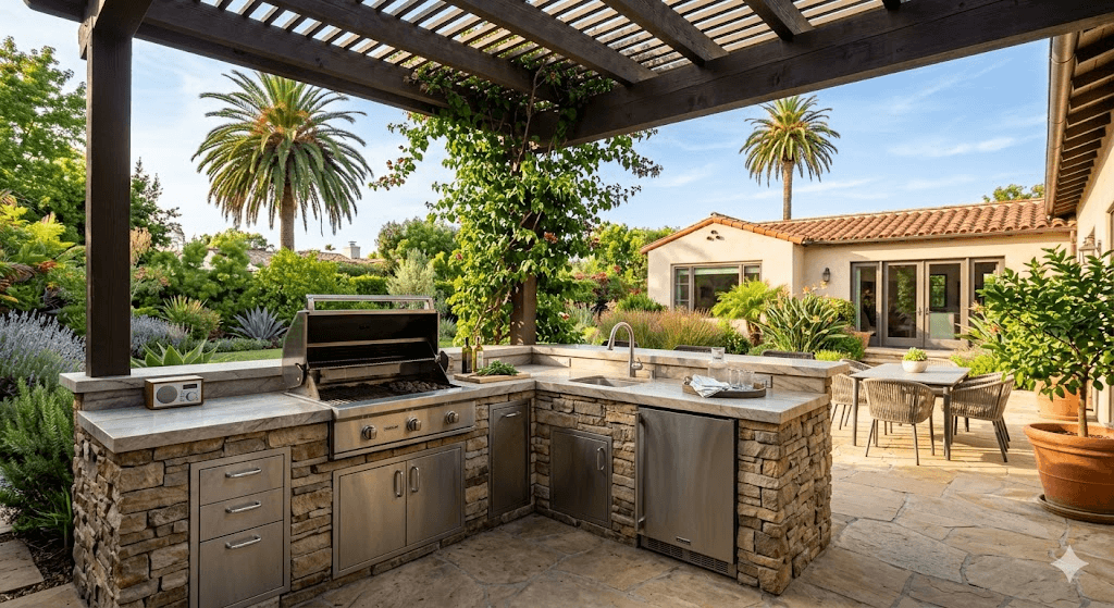 Custom outdoor kitchen in Los Angeles San Fernando Valley suburban backyard