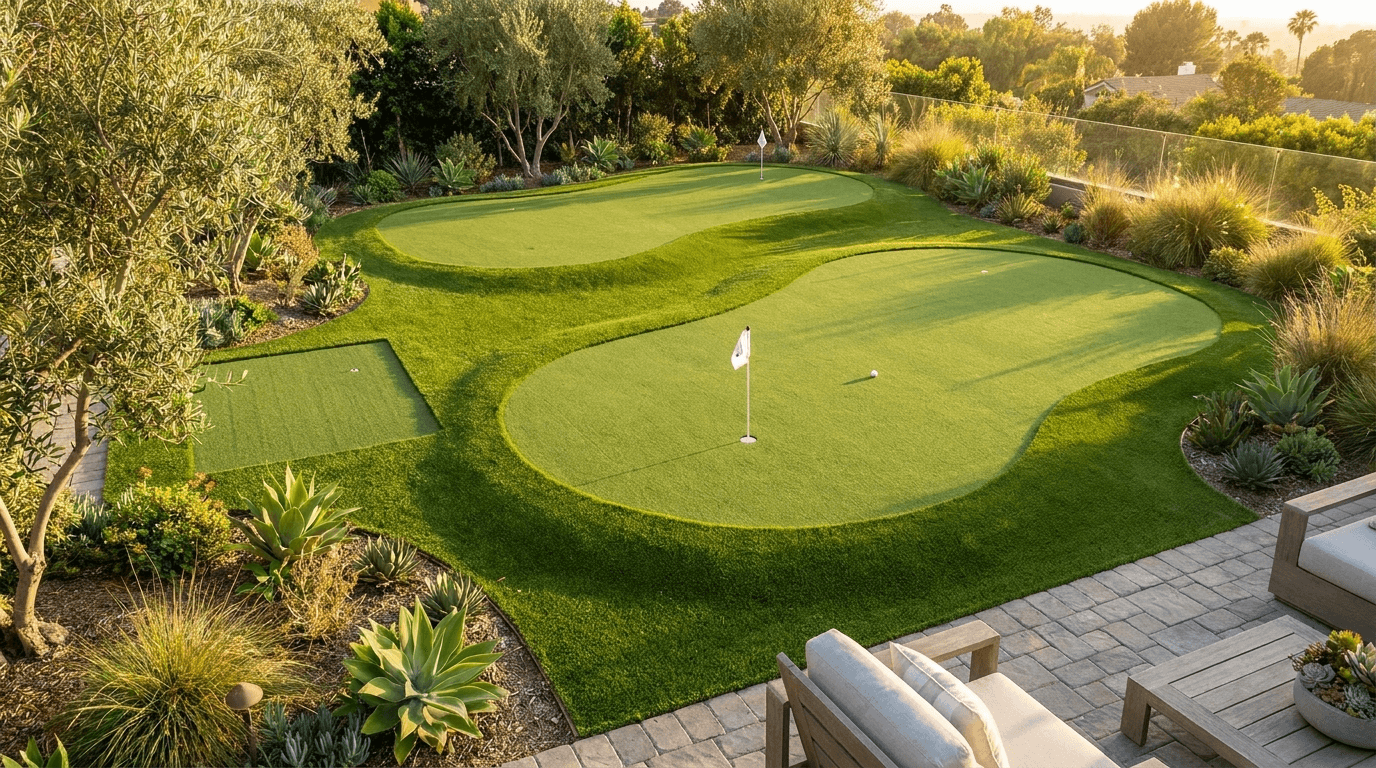 Custom backyard putting green addition installed on artificial turf