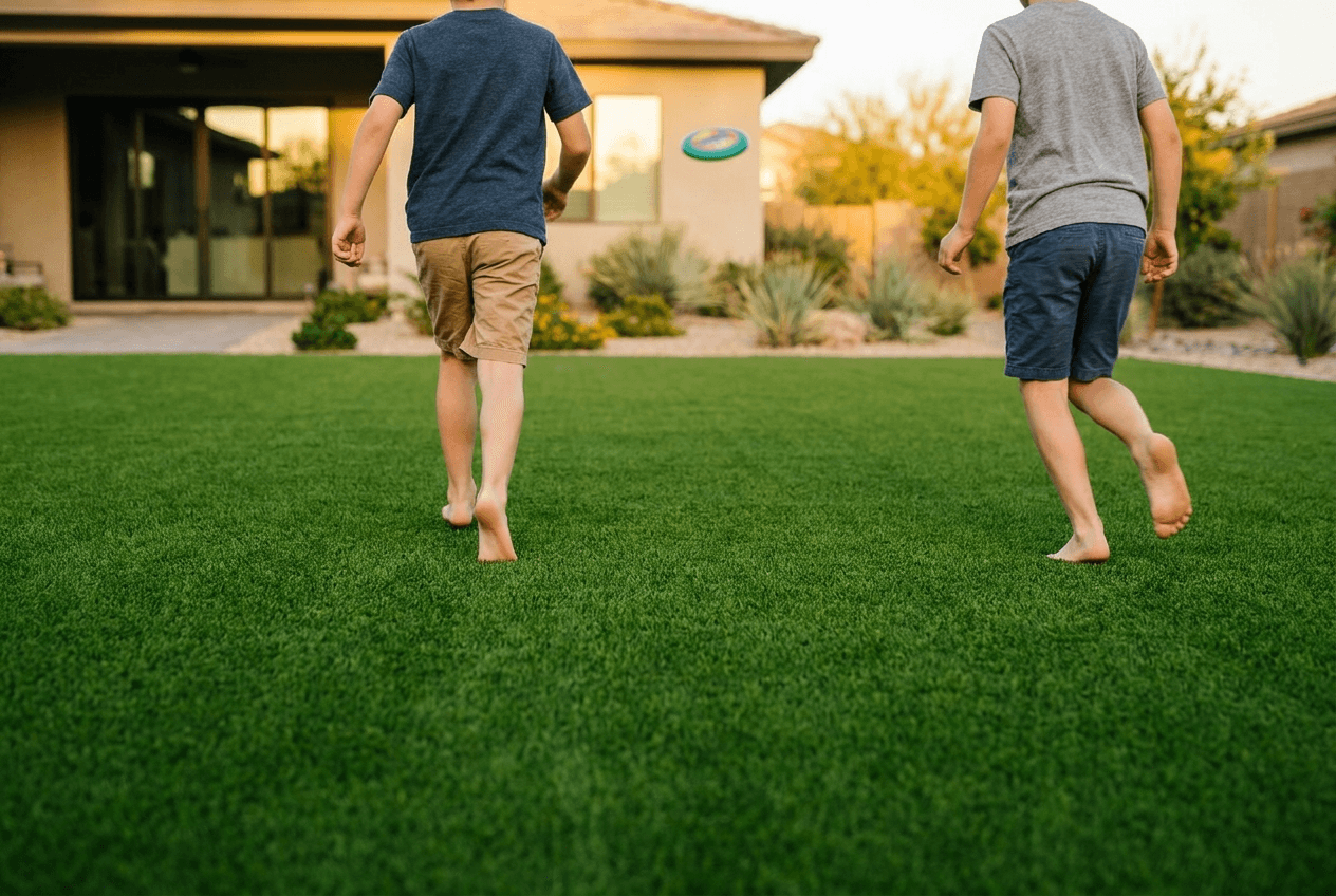 Kids playing barefoot on artificial turf in an LA backyard