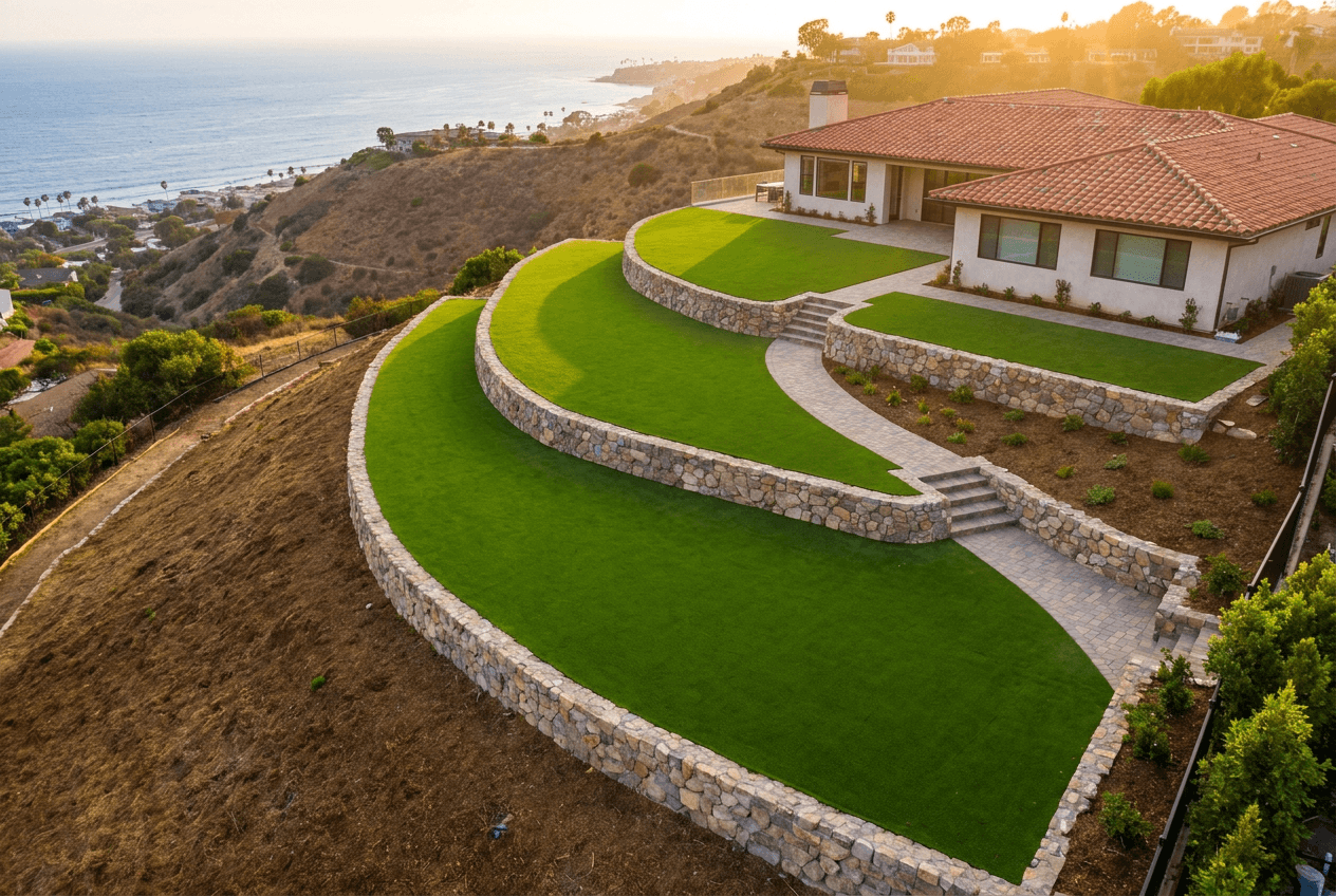 Aerial view of terraced artificial turf installation on a Los Angeles hillside