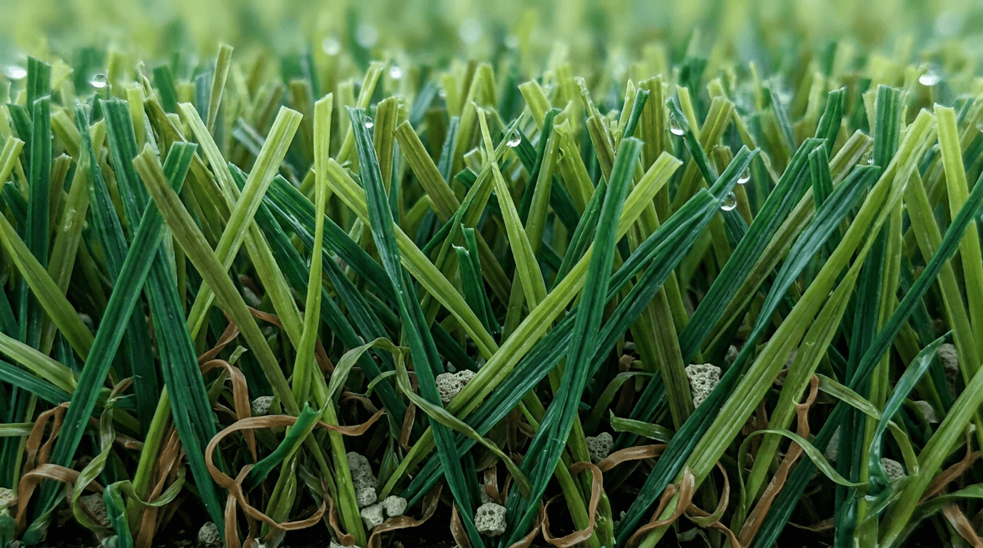 Macro close-up of premium pet-grade artificial turf blades with visible zeolite infill granules