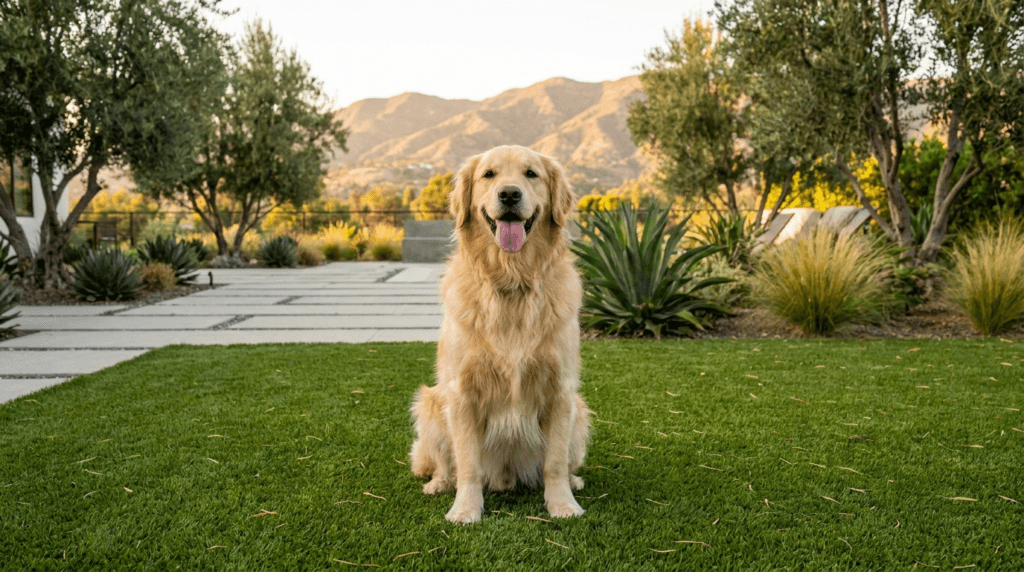 Golden retriever sitting on premium pet-grade artificial turf in a Calabasas backyard at golden hour with Santa Monica mountains behind