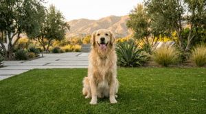 Golden retriever sitting on premium pet-grade artificial turf in a Calabasas backyard at golden hour with Santa Monica mountains behind