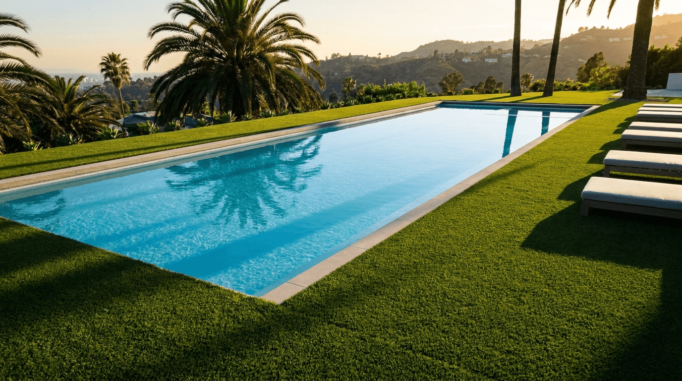 Modern pool with artificial turf deck surround in a Los Angeles backyard