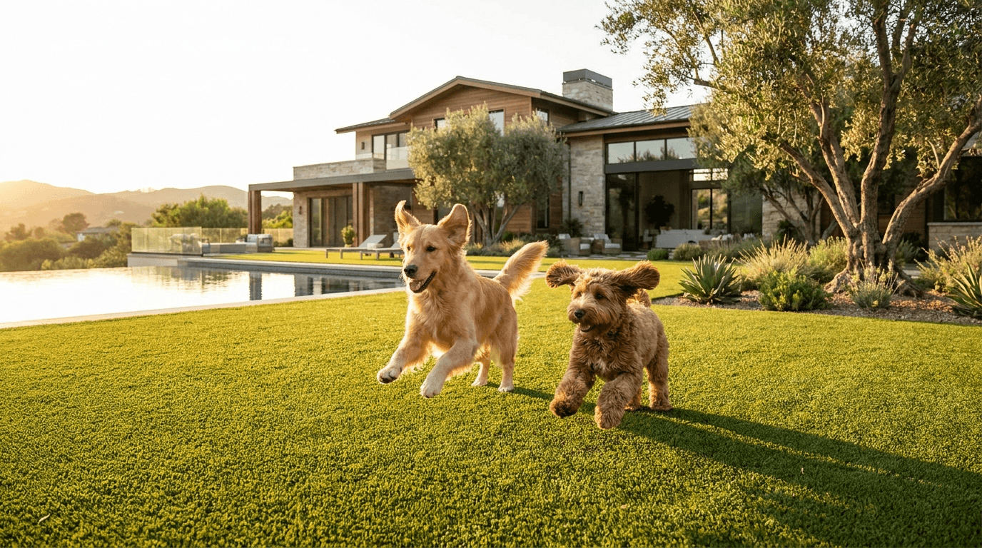 Two dogs running and playing on artificial turf in an LA-area backyard with pool in golden hour light