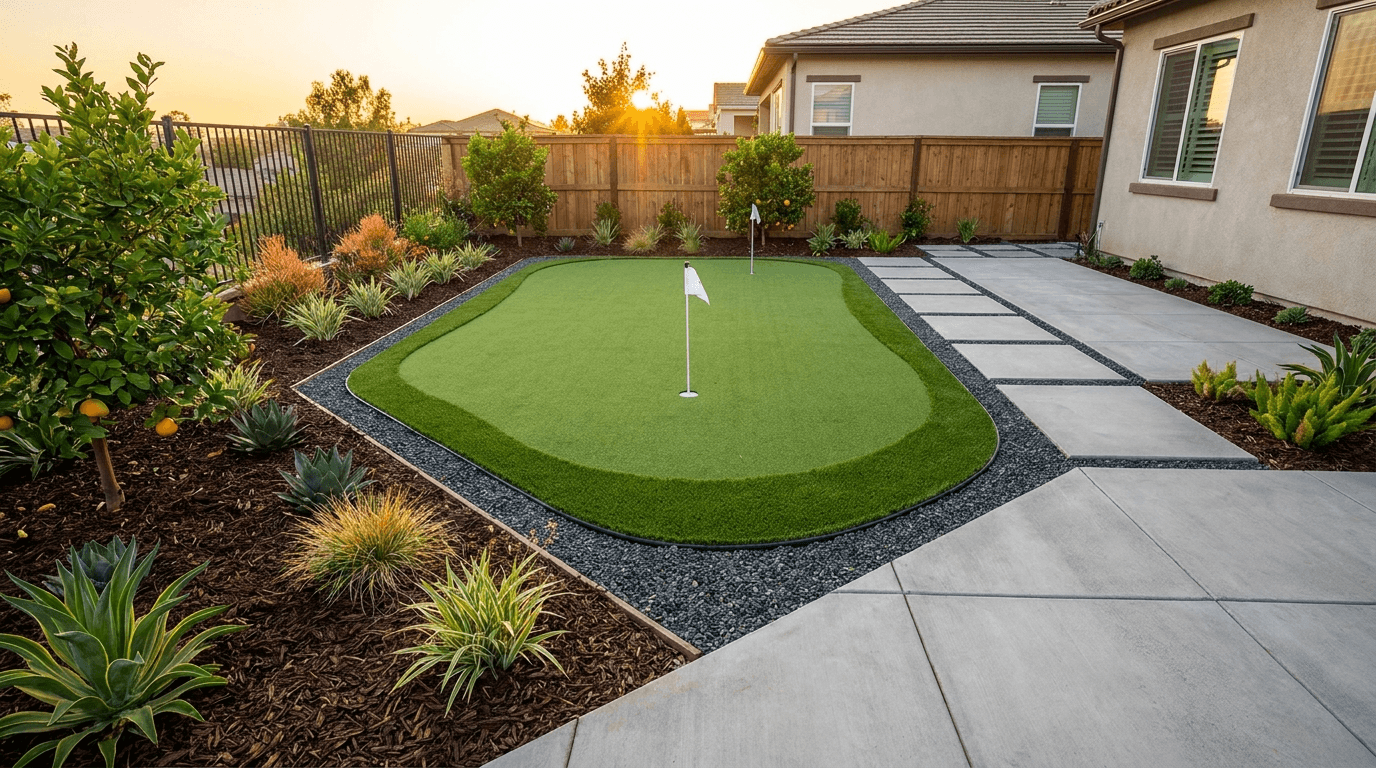 Backyard transformed with a custom synthetic putting green