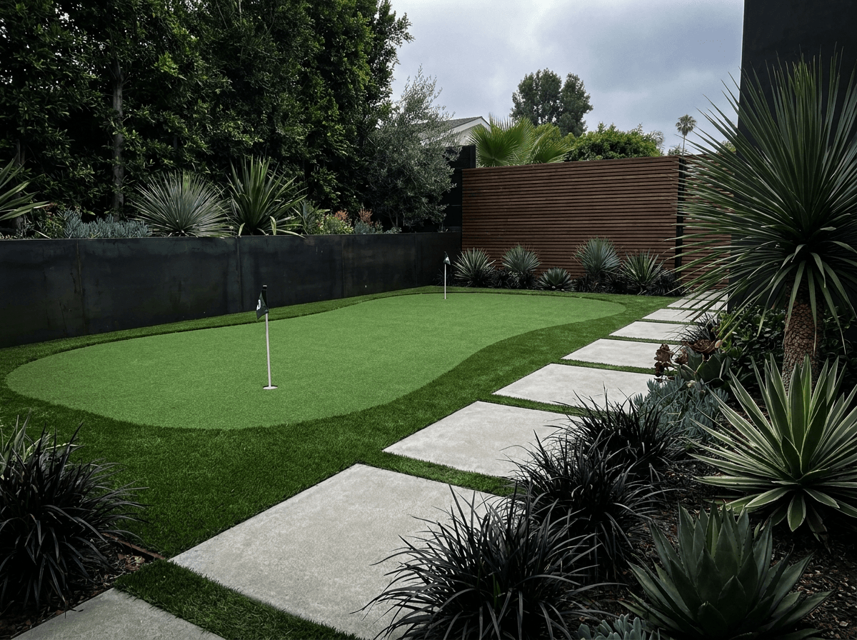 Custom backyard putting green integrated with modern pavers and drought-tolerant landscaping