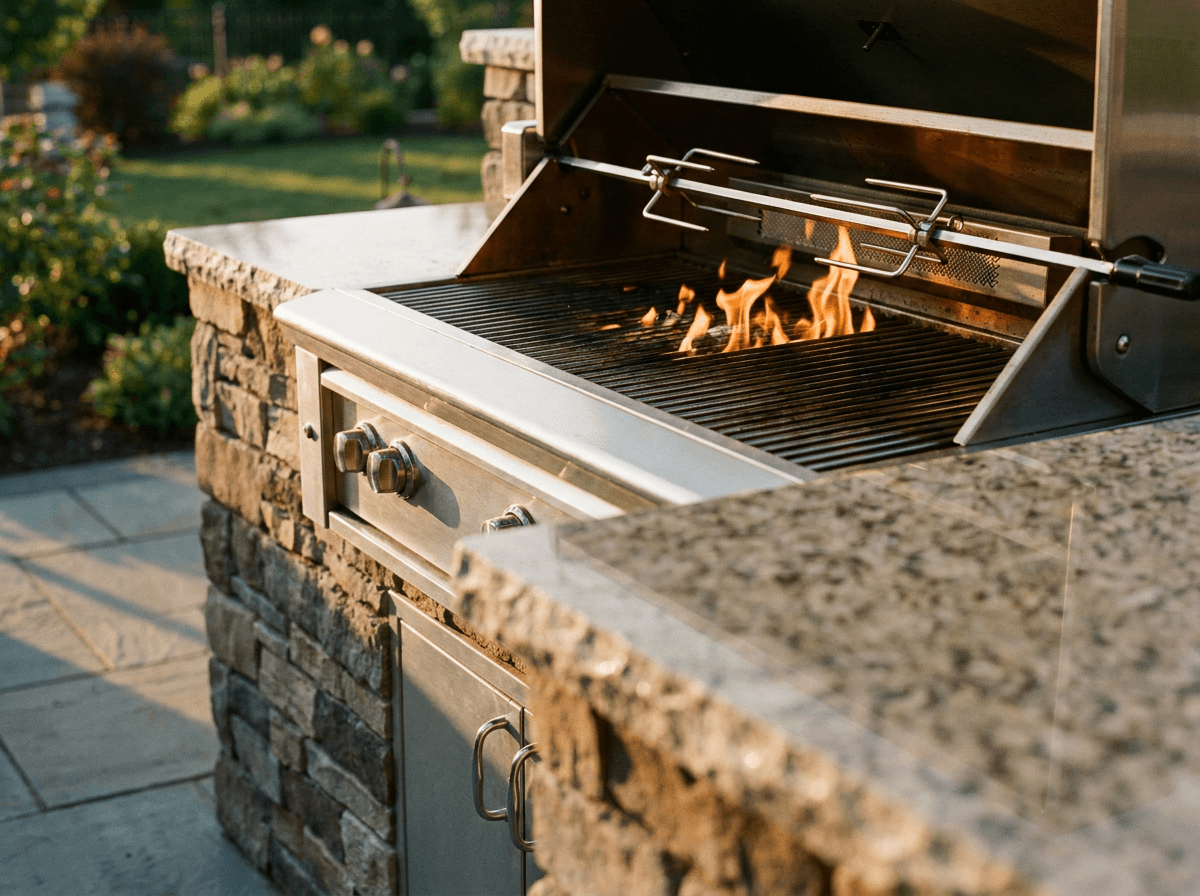 Built-in stainless steel grill in a natural stone outdoor kitchen island