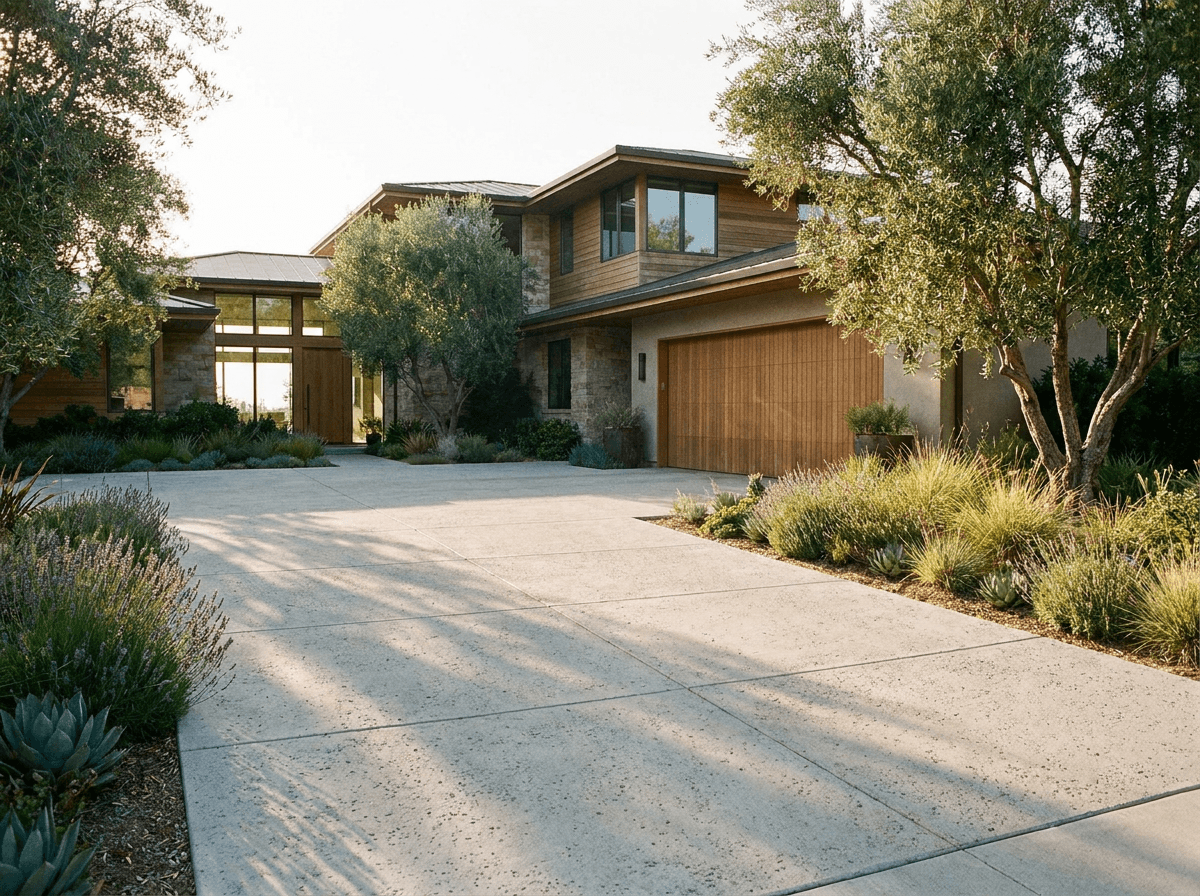 Modern concrete driveway with saw-cut joints in Los Angeles