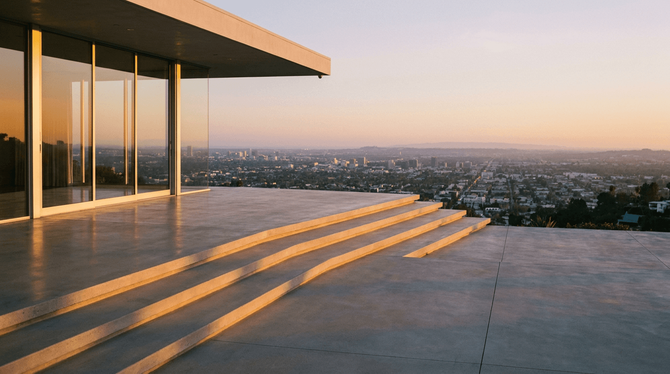 Smooth concrete terrace at a modern hillside Los Angeles home at golden hour