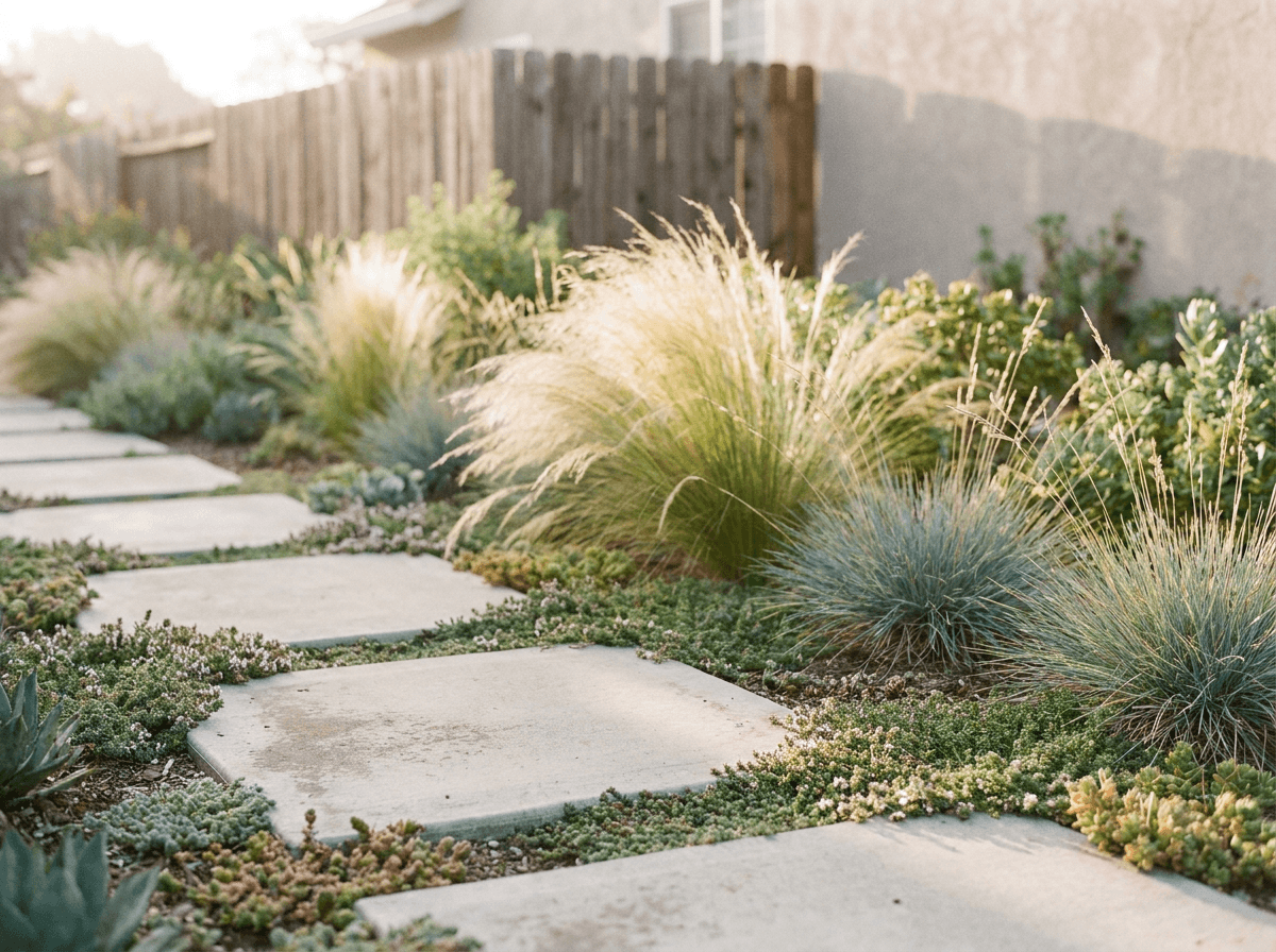 Floating concrete steps and walkway pads in a modern garden