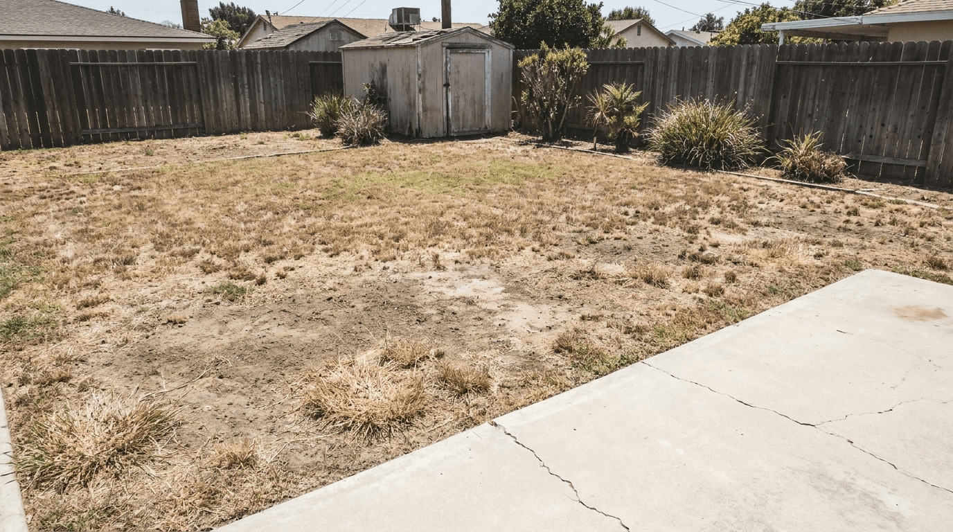 Dry, patchy backyard lawn before putting green installation
