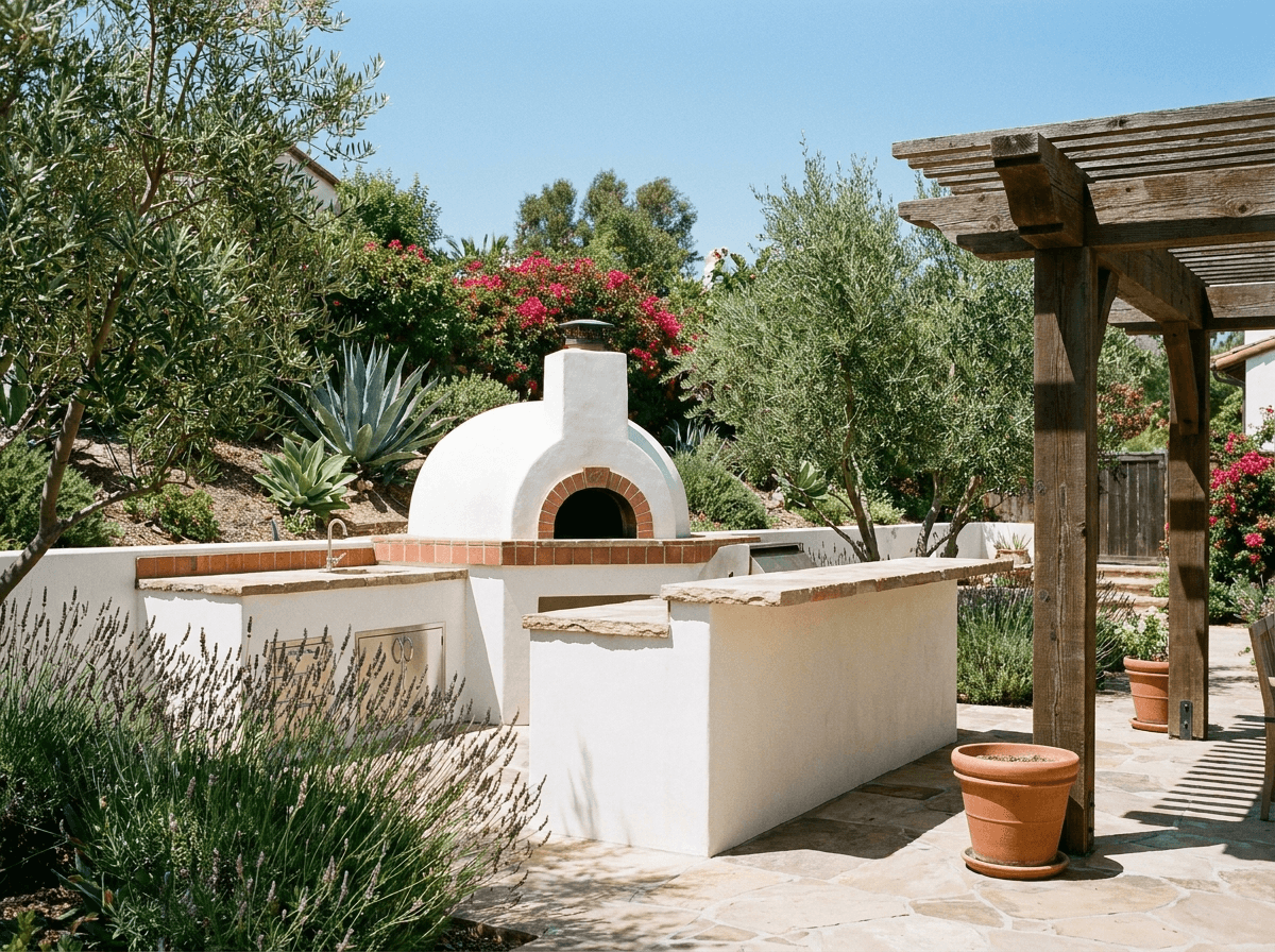 Mediterranean-style outdoor kitchen with pizza oven and tile accents in Southern California
