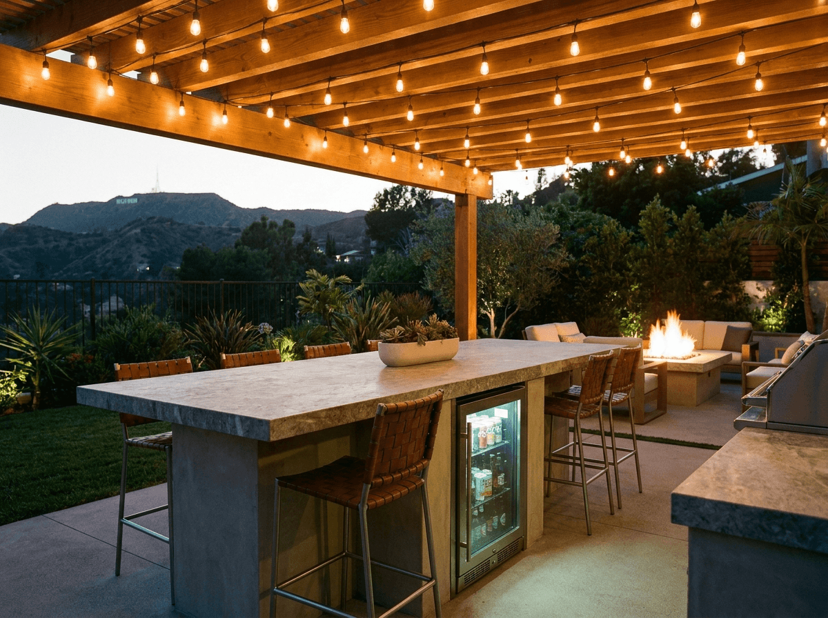 Outdoor kitchen bar under a pergola with string lights at night