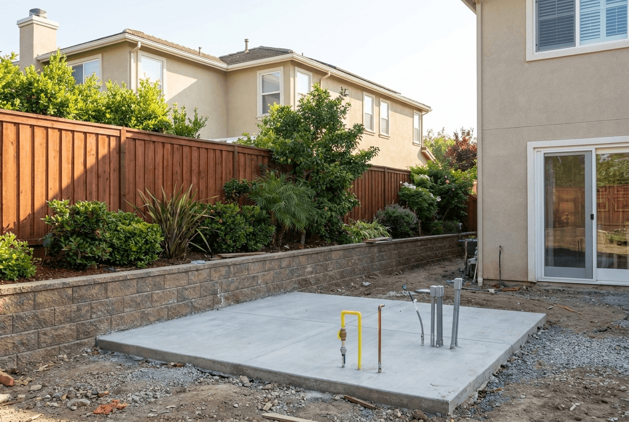Freshly poured concrete pad with gas, water and electrical stubs for an outdoor kitchen