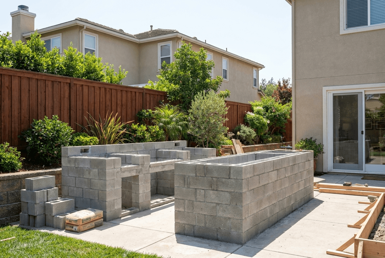 Outdoor kitchen island framed in concrete masonry block