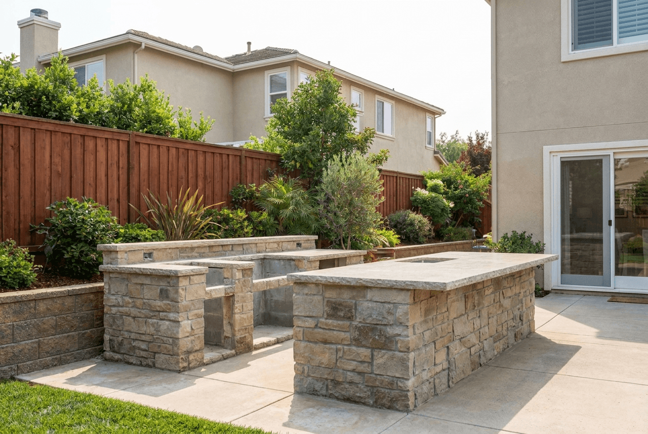 Outdoor kitchen island wrapped in stone veneer with granite countertop and appliance cutouts