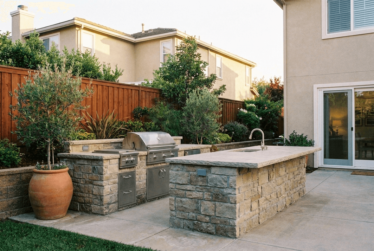 Stone outdoor kitchen island with built-in grill, refrigerator and sink installed