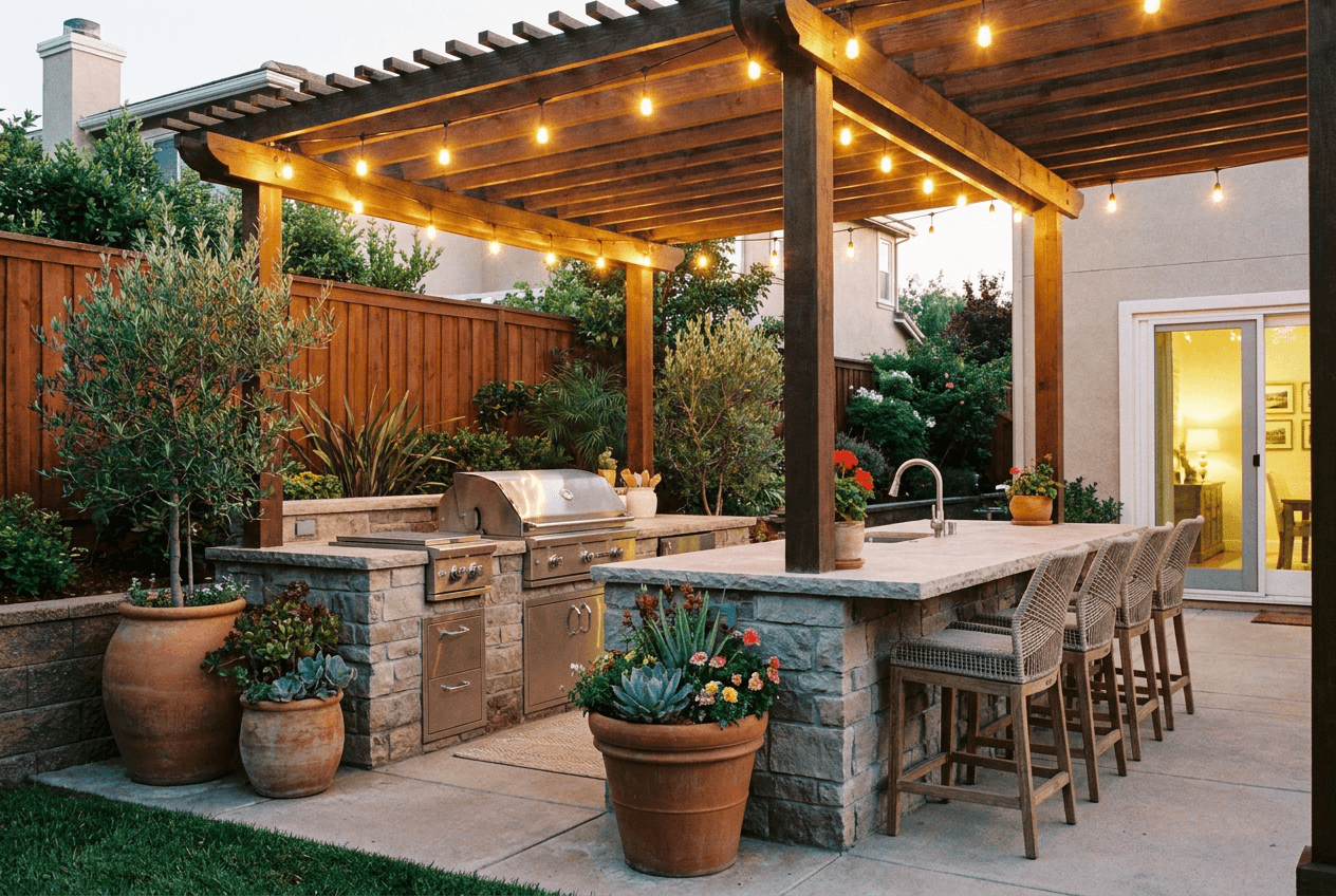 Completed outdoor kitchen with pergola and string lights at dusk