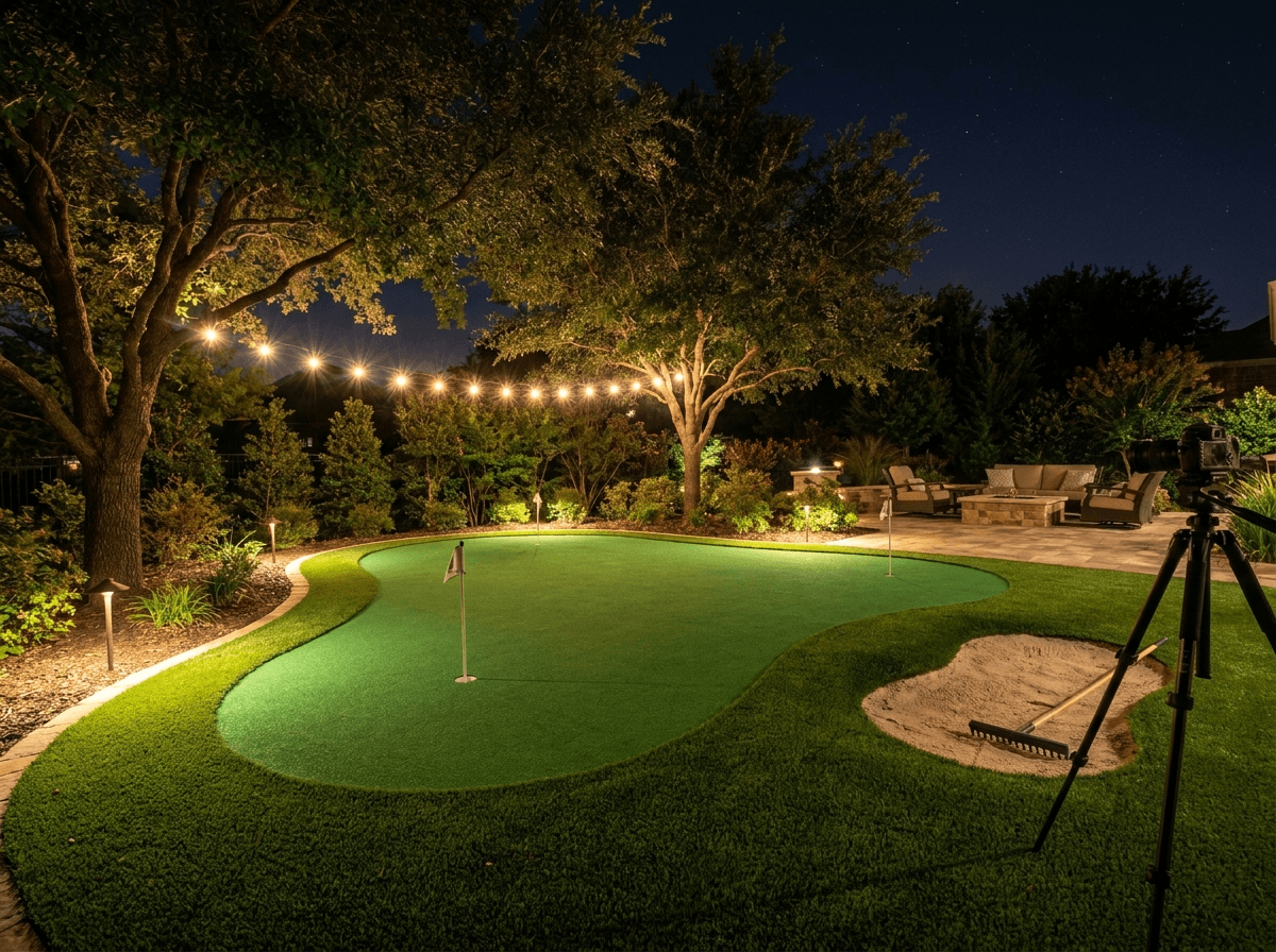 Backyard short-game practice area with putting green, bunker and evening landscape lighting