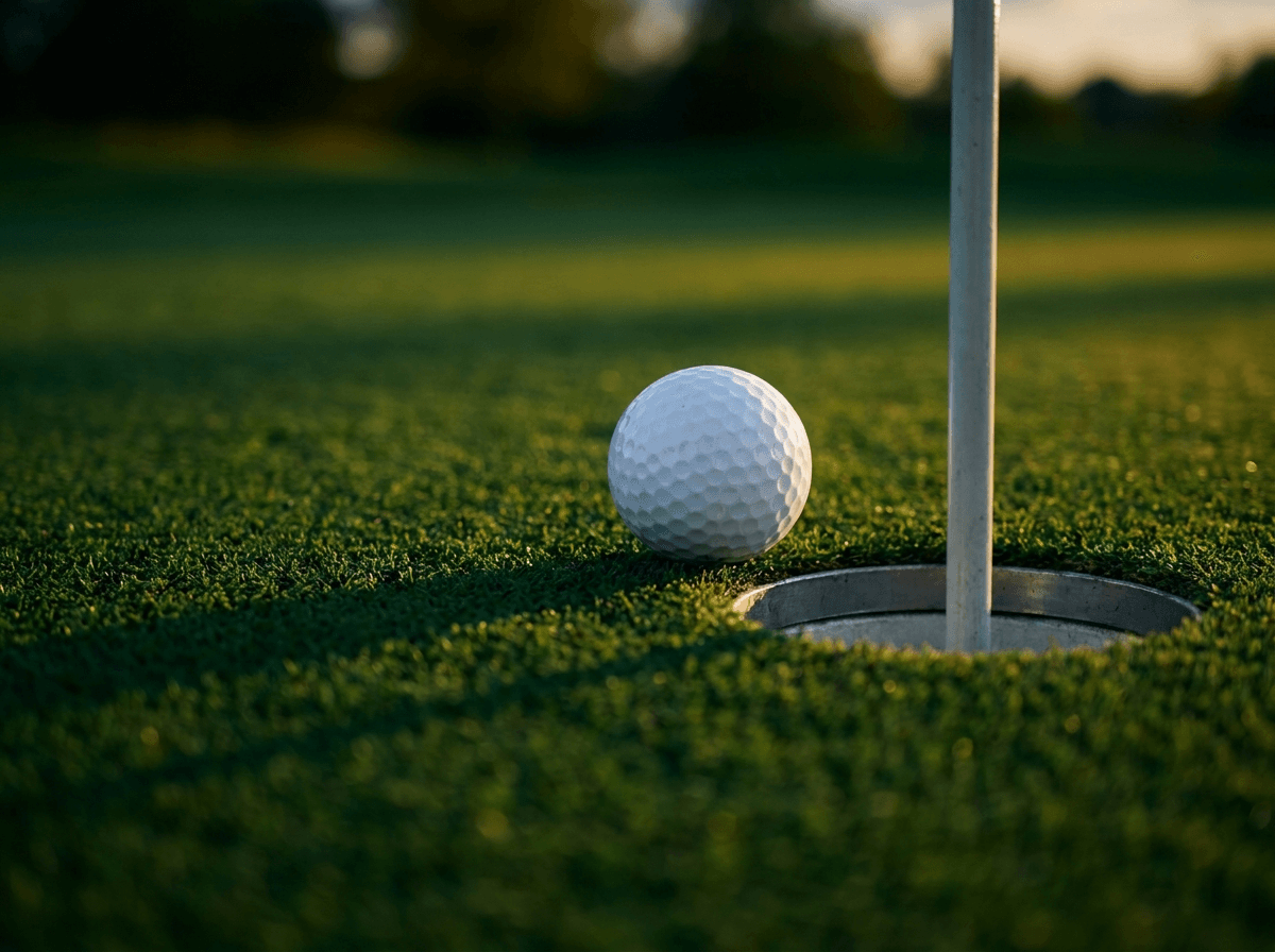 Golf ball rolling toward the cup on a tour-grade synthetic putting green